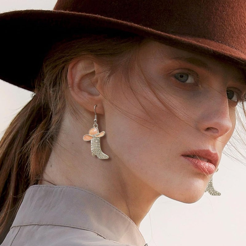 RechicGu Rhinestone Western Boots Earrings Cowgirl Cowboy Enamel Hat Bohemian Rodeo Boot Drop Dangle Earrings for Women - Image 5